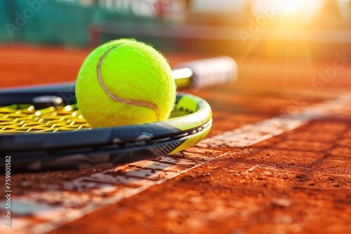 Tennis racket and ball on tennis court. Closeup of sport equipment.