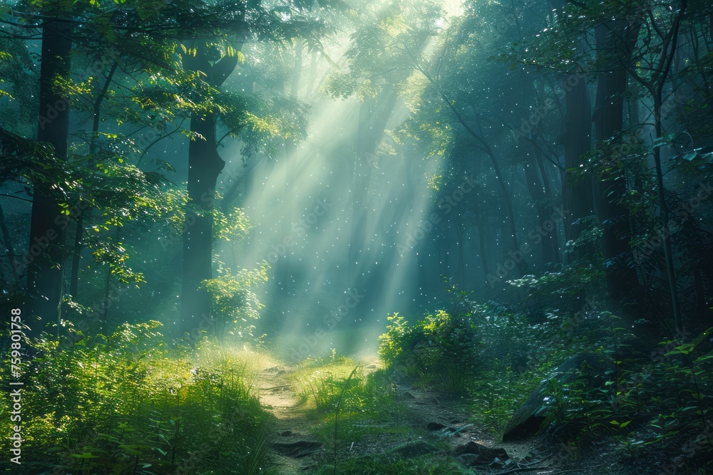 Obraz premium Ethereal Sun Rays Filtering through Misty Forest Trees on a Tranquil Morning Pathway - Nature's Serenity Captured