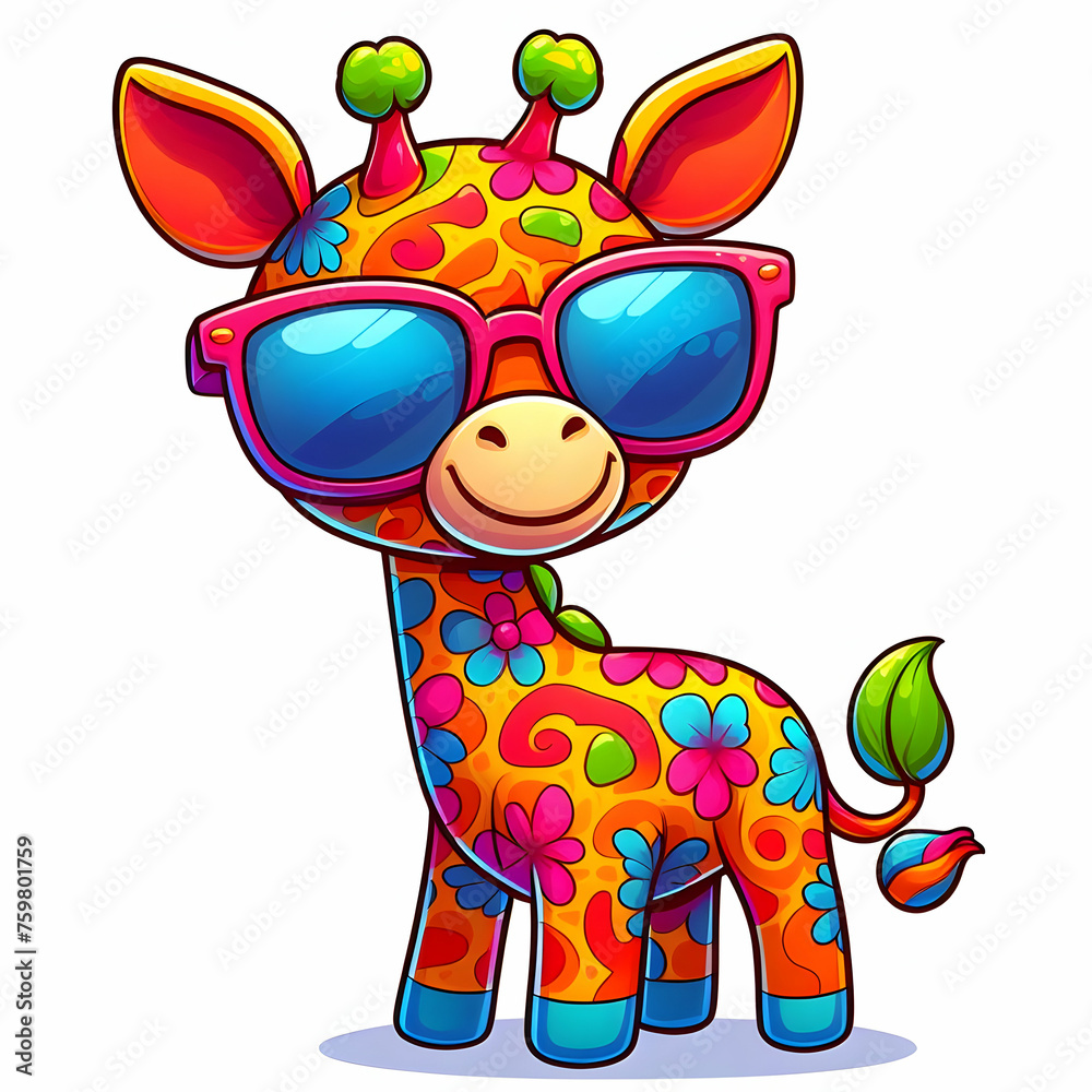 Obraz premium Cartoon colorful giraffe with sunglasses illustration, Ai generated 