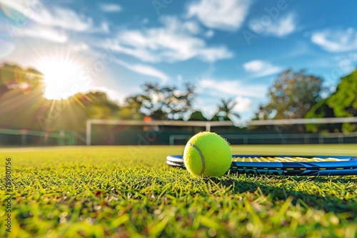 Tennis ball on green grass court with blue rackets and sunlight. Tennis ball on the grass © Oleh
