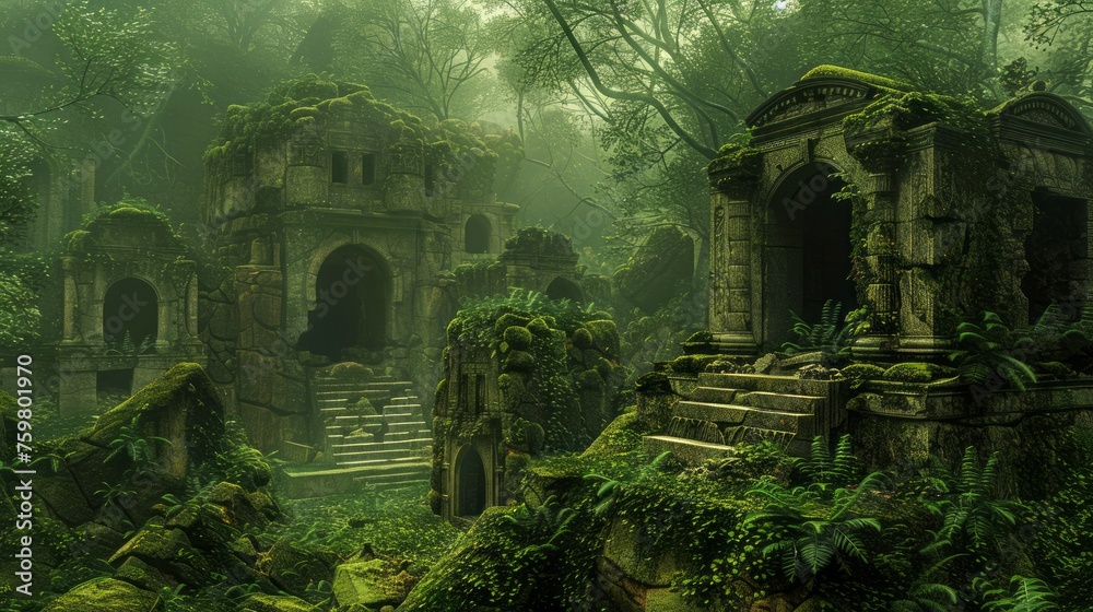 Enchanted Ancient Ruins in Mystical Foggy Forest - Mysterious Abandoned Temple Overgrown with Vegetation