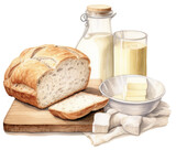 Fresh bread and dairy products on table