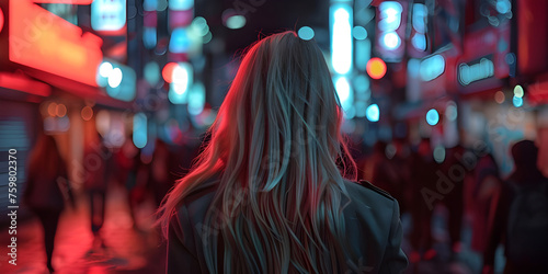 Beautiful young woman walking in the city at night Blurred background - Ai Generated