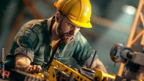 portrait of a construction worker in a helmet, construction worker with yellow helmet at the workstation, construction worker doing a work