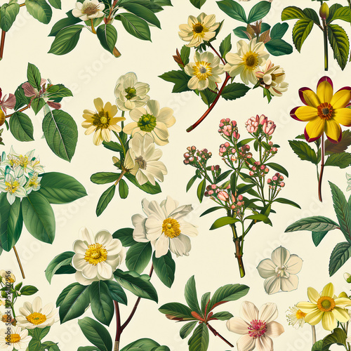 Vintage Botanical Collection: Retro Spring Flowers, Intricate Patterns, Seamless Illustrations, Created using generative AI © sahli