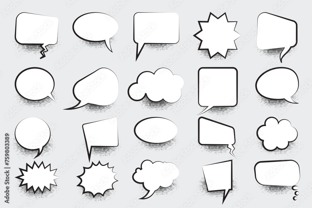 Obraz premium Set of speech bubbles. Blank empty vector white speech bubbles. Speak bubble text, cartoon chatting box, message box. Blank Comic bubble. Cartoon balloon word design.