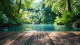 Wooden deck basks beside turquoise oasis