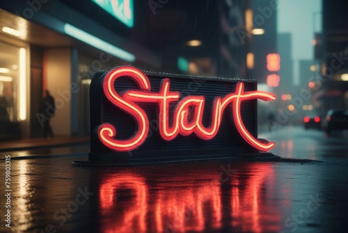 Slogan start neon light sign text effect on a rainy night street, horizontal composition