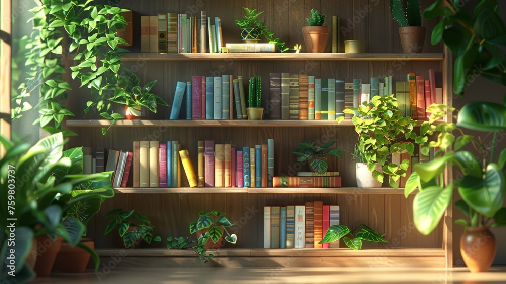 Sunlit bookshelf with vibrant stationery and plants