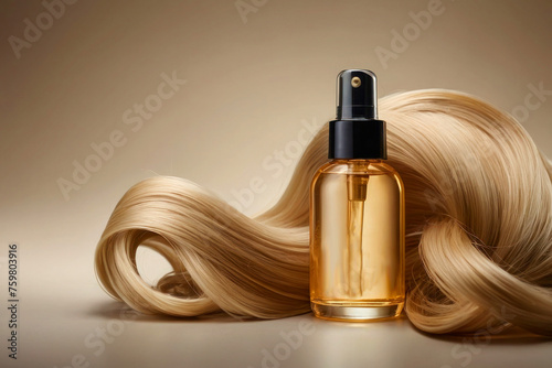 Template for a banner, a bottle of hair product on a background of golden blonde curls of hair. Hair care advertising image.