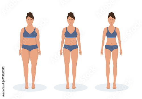 Fat and thin woman weight loss concept. Diet and fitness. Before and after body shape girl measuring her slim waist.