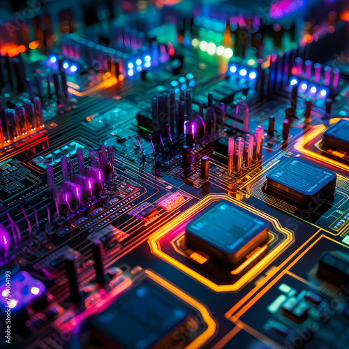 Close-up of a circuit board with colorful lights. 