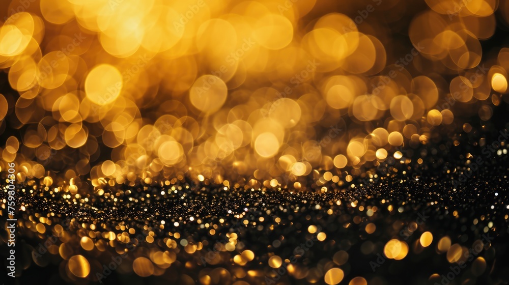 Nighttime Glamour: Dark Gold and Black Glitter Background with De-focused Lights