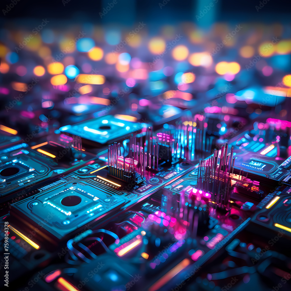 Close-up of a circuit board with colorful lights. 