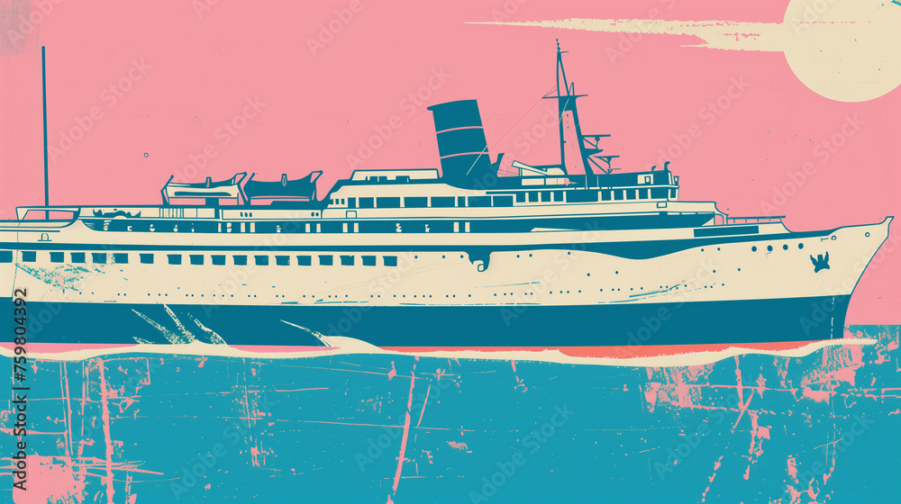 Fototapeta premium A retro inspired poster background with a cruise ship at sea