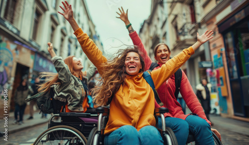 Smiling women in wheelchairs celebrating victory, holding up their arms and cheering with friends on the street