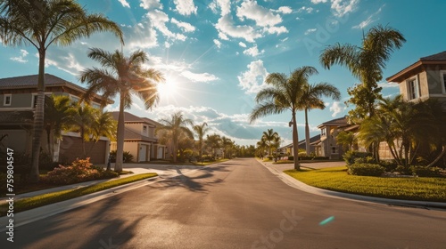Sunny Florida Subdivision: Gated Community Houses and Palm-Lined Streets