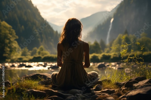Woman Sitting on Rock by River Generative AI photo