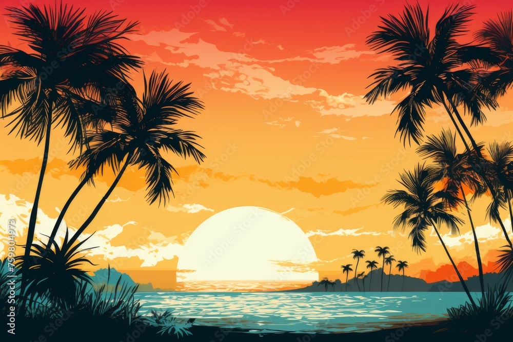 Sunset on the beach with palm trees. Summer and vacation theme background.