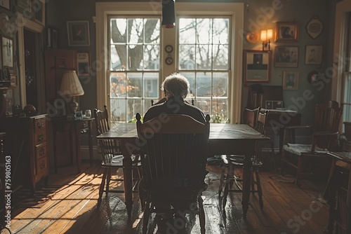 Rear view of confused senior male sitting alone at a dining table at home, trying to remember the events of today and yesterday. Concept of dementia and alzheimer disease