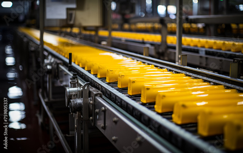 Yellow plastic bottles on conveyor belt in factory
