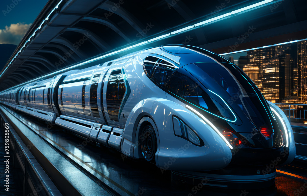 Futuristic train in motion on the railway station at night. Modern city skyline in the background.