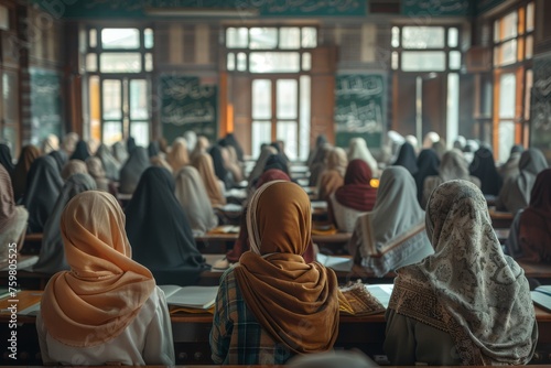 Classroom in Islamic school filled with female students, their heads bowed in concentration as they study Arabic and Islamic studies. The walls are adorned with calligraphy and verses from the Quran © Kmikhidov