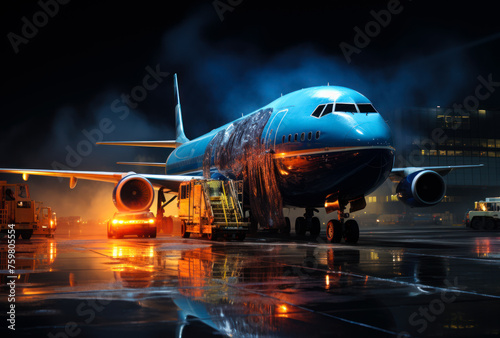Airplane is serviced in the rain at night photo