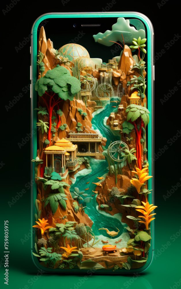 Obraz premium Tropical island with waterfall and temple on the screen of smartphone