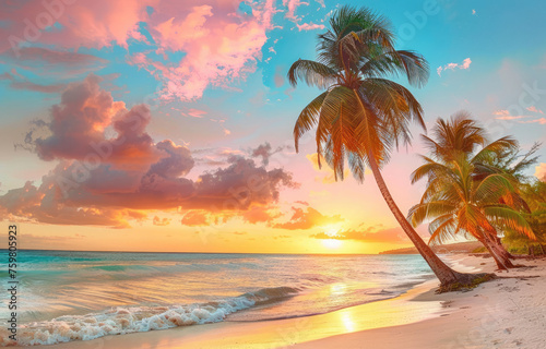 Tropical beach with palm trees at sunset in the Caribbean, bathed in the golden light of the sun and orange sky with clouds. Caribbean island Barbados