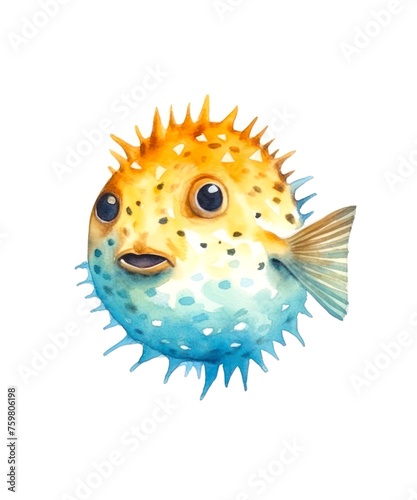 Watercolor illustration of a pufferfish isolated on white background.
