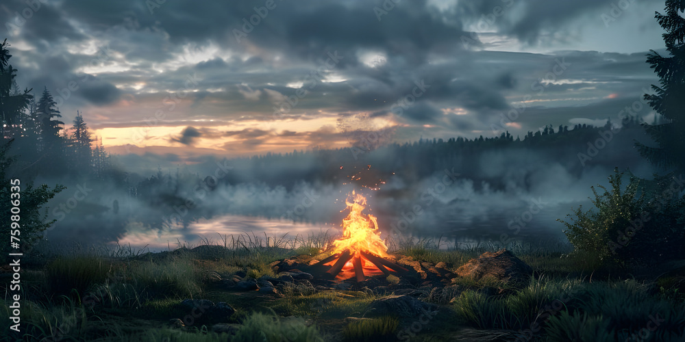 Camping bonfire on the lake shore at sunset - Ai Generated