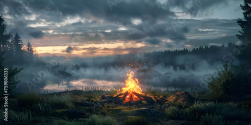 Camping bonfire on the lake shore at sunset - Ai Generated © Muhammad