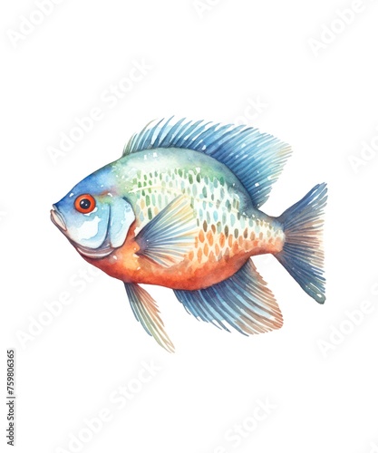 Watercolor illustration of a blue fish isolated on white background.