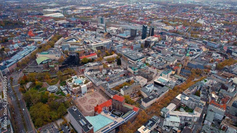 	Aerial view around the old town of the city  Dortmund in Germany on a cloudy day in autumn	
