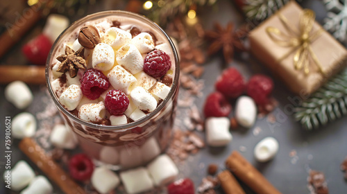 closeup of a glass with hot chocolate and marshmallows, raspberries, christmas feeling, from above, cinnamon sticks