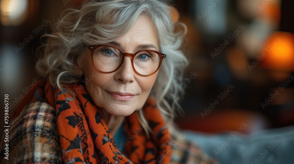 A sophisticated senior woman with gray hair and chic glasses gives a thoughtful look, wrapped in a warm scarf. A sophisticated senior woman with gray hair and chic glasses gives a thoughtful look, wrapped in a warm scarf.