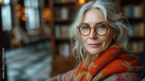 A serene senior woman with stylish glasses and silver hair reads a message on her phone in a cozy, book-filled room.