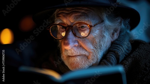 An elderly man in a classic hat reads intently by the warm light of a lamp, illuminating his wise, aged features.