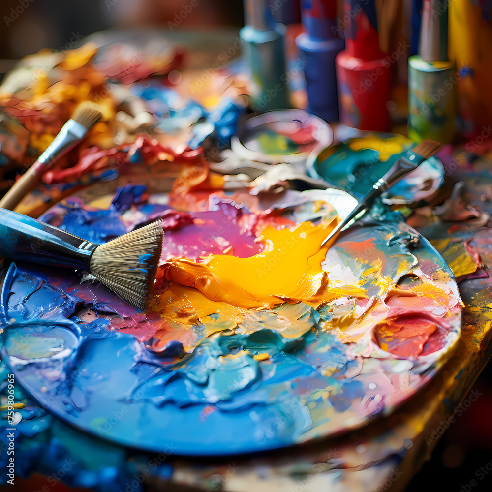 Close-up of an artists palette with vibrant paint.