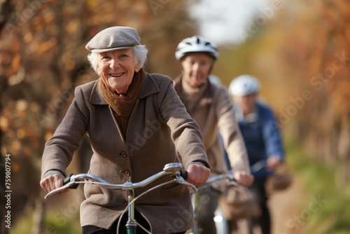 Elderly woman with a smile rides a bicycle, accompanied by friends on a sunny day