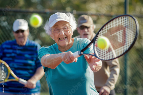 Elderly lady with excitement playing tennis outdoors with her peers © Татьяна Евдокимова