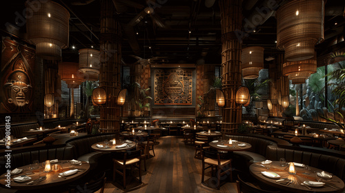 Exotic Tiki Bar Restaurant Interior at Night