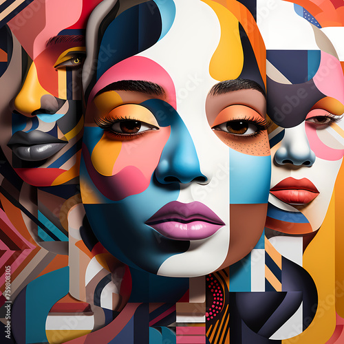 Collage of diverse faces with abstract patterns. 