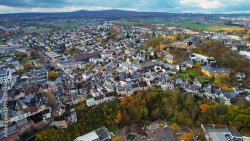  Aerial view around the old town of the city Montabaur in Germany on a cloudy day in autumn 