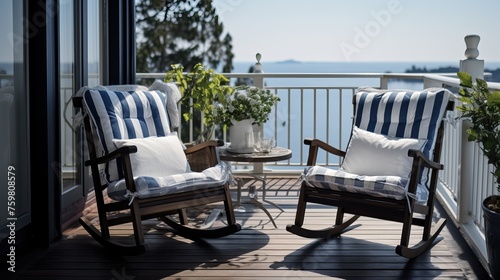 Seaside Relaxation: Wooden Rocking Chairs on Terrace