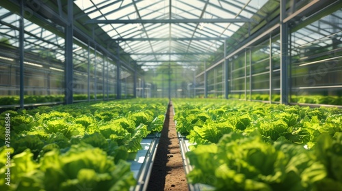 Large industrial greenhouse with fresh natural plants. Concept of growing healthy food, diet, vegetarianism and technology  photo