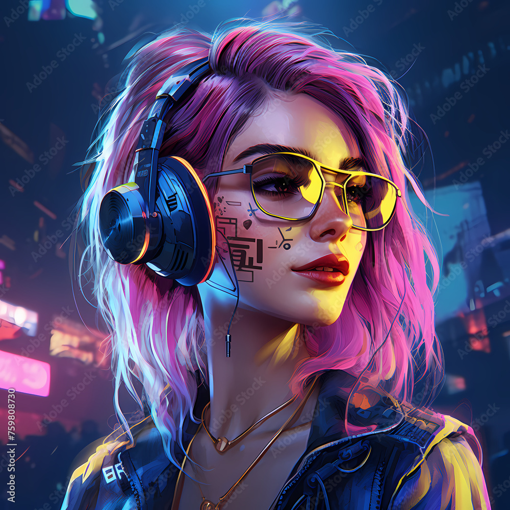 Cyberpunk girl with neon hair and augmented reality