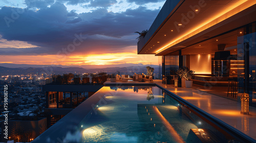 Luxury Penthouse Pool with Cityscape View at Sunset © lin