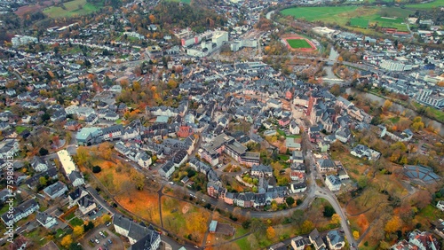 	
Aerial view around the old town of the city  Wetzlar in Germany on a cloudy day in autumn	
 photo